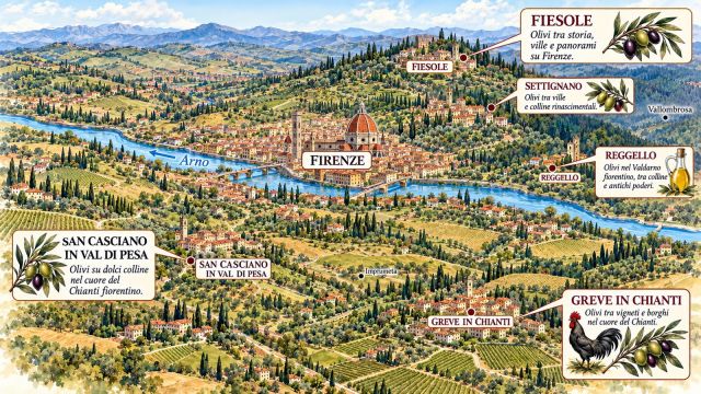 Map of the Tuscan olive oil territories around Florence